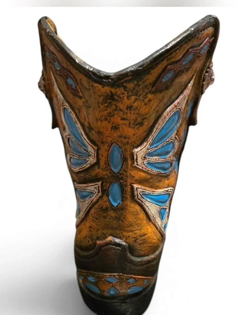 Decorative Country Western Boot Wine Bottle Holder Resin w Inlaid Turquoise